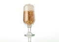 An isolated glass of beer composited with gold and white beeds Royalty Free Stock Photo