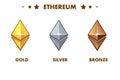 Isolated Gold, silver and bronze ethereum icon. Digital or Virtual currencies and electronic cash