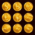 World currencies signs: dollar icon, bitcoin coin, euro sign, pend sterling symbol, Swiss frank etc. Royalty Free Stock Photo