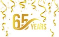 Isolated golden color number 65 with word years icon on white background with falling gold confetti and ribbons, 65th