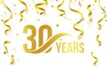 Isolated golden color number 30 with word years icon on white background with falling gold confetti and ribbons, 30th