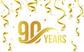 Isolated golden color number 90 with word years icon on white background with falling gold confetti and ribbons, 90th