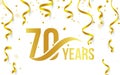 Isolated golden color number 70 with word years icon on white background with falling gold confetti and ribbons, 70th