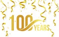 Isolated golden color number 100 with word years icon on white background with falling gold confetti and ribbons, 100th