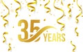 Isolated golden color number 35 with word years icon on white background with falling gold confetti and ribbons, 35th