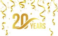 Isolated golden color number 20 with word years icon on white background with falling gold confetti and ribbons, 20th