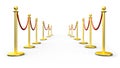 Isolated golden fence, stanchion with red barrier rope. Luxury, VIP concept. Equipment for events. Perspective lines. 3d