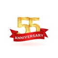 Isolated golden fifty-five birthday numbers with red ribbon. 55th anniversary vector illustration