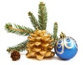 Isolated golden pine cone and blue Christmas ball