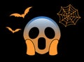 Orange scary and spooky face flat icon with flying bat and spider net