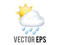 Vector yellow sun half icon covered by rain cloud with blue raindrops