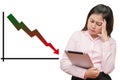 Isolated graph continues going down and business woman see table Royalty Free Stock Photo