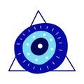 Isolated Greek amulet of the evil eye in the pyramid.Turkish amulet with blue eyelashes and protection in a triangle