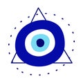 Isolated Greek amulet of the evil eye in the pyramid.Turkish amulet with blue eyelashes and protection in a triangle