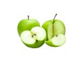 isolated green apples by half and quarter cut with clipping path on white background a fresh and testy apple fruit Royalty Free Stock Photo