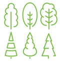 Isolated green color old tall trees illustrations. Lineart style vector forest icon and logo set. Park and garden flat Royalty Free Stock Photo