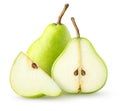 Isolated green pear fruits. Two green pears and a piece isolated on white background with clipping path.
