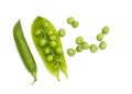 Isolated green pods. Sweet green pea. Top view. White background