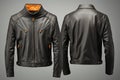 Isolated on grey, front and back view of blank leather jacket