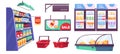 Isolated grocery store fridge cartoon vector set