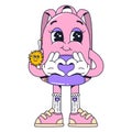 Isolated groovy character girl pink backpack in gloves in flat retro classic cartoon style of 60s 70s