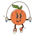 Isolated groovy character orange jumping with skipping rope in gloves in flat retro classic cartoon style