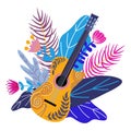 Isolated Guitar and Bright tropical leaves on white background. Hand drawing flat doodles vector