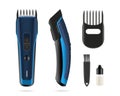 Isolated hair clipper. 3d blue trimmer. Barber tool with accesories. Electric haircut machine. Hairdresser instrument