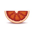 Isolated half of circle juicy red color bloody orange with shadow on white background. Realistic colored slice.