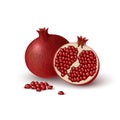 Isolated half of ruby colorful pomegranate and whole round fruit with handful of juicy red seeds on white background. Realistic Royalty Free Stock Photo