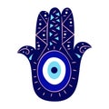 Isolated hamsa hand with evil greek eye.Turkish amulet with blue symbols and triangles. Vector flat style illustration.