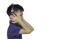 Isolated Hand asian boy holding headphone on a white background with clipping path