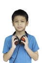 Isolated Hand asian boy holding headphone on a white background with clipping path