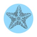 Isolated hand drawn black outline starfish on blue round background. Star ornament of curve lines. Royalty Free Stock Photo