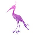 Isolated hand drawn colored abstract ornate bird heron, stork, crane on white background. Pink, purple, violet ornament of curve l