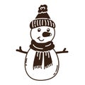 Isolated hand drawn doodle cute smiling snowman with hat and scarf. Flat vector illustration on white background. Royalty Free Stock Photo