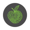 Isolated hand drawn green outline apple on black round background. Ornament of curve lines.