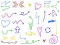 Isolated hand drawn simple arrows colorful set.