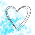 Minimalist drawing of a heart with black lines sparkling with blue bubbles