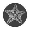 Isolated hand drawn white outline starfish on black round background. Star ornament of curve lines. Royalty Free Stock Photo