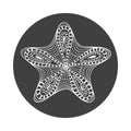 Isolated hand drawn white outline starfish on black round background. Star ornament of curve lines. Royalty Free Stock Photo