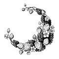 Isolated hand drawn wreath with strawberry and flowers. Round frame.