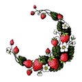 Isolated hand drawn wreath with strawberry and flowers. Round frame.