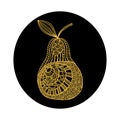 Isolated hand drawn yellow outline pear on black round background. Ornament of curve lines.