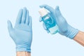 Hand with gloves uses an alcohol-based liquid sanitizer that kills most types of microbes and viruses. Covid and