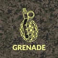 Isolated hand grenade on urbanistic camouflage background