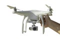 Isolated Hand holding Drones for mobile photography and video on a white background with clipping path