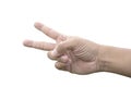 Isolated hand of male with two fingers up in peace sign or victory symbol on white background Royalty Free Stock Photo