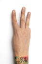 Isolated hand shows the number three.Hand pointing up 3 fingers. 3 Royalty Free Stock Photo