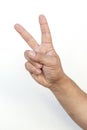 Isolated hand signal on white background, male adult hand making a two fingers peace sign Royalty Free Stock Photo